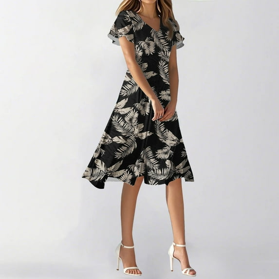 SAATLERI Womens Summer Dresses Empire Waist Floral V Neck Short Sleeve Plus Size Summer Dresses Flowy Swing Party Dresses