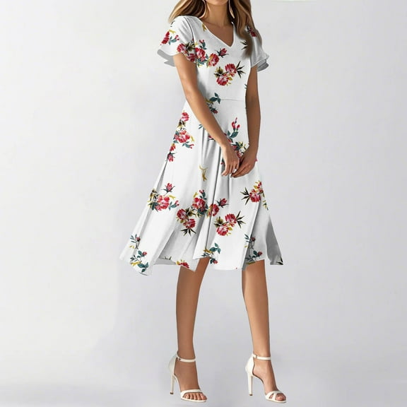 SAATLERI Womens Summer Dresses Empire Waist Floral V Neck Short Sleeve Plus Size Summer Dresses Flowy Swing Party Dresses