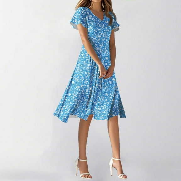 SAATLERI Womens Summer Dresses Empire Waist Floral V Neck Short Sleeve Plus Size Summer Dresses Flowy Swing Party Dresses