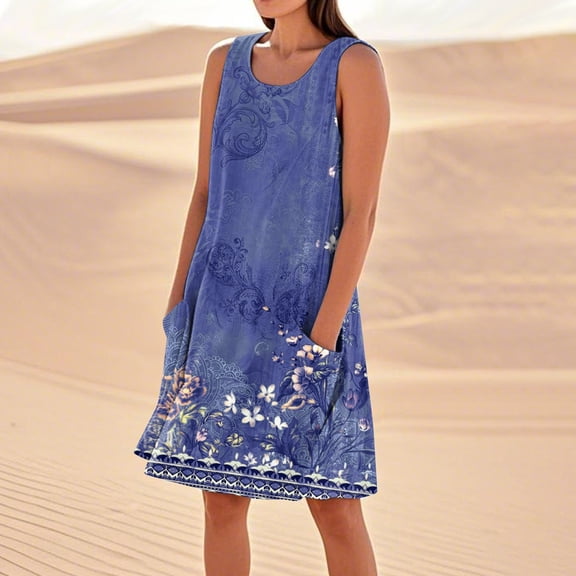 SAATLERI Womens Summer Dresses Fashion Casual Plus Size Sundresses for Women Floral Print Sleeveless Crew Neck Tank Dresses with Pockets