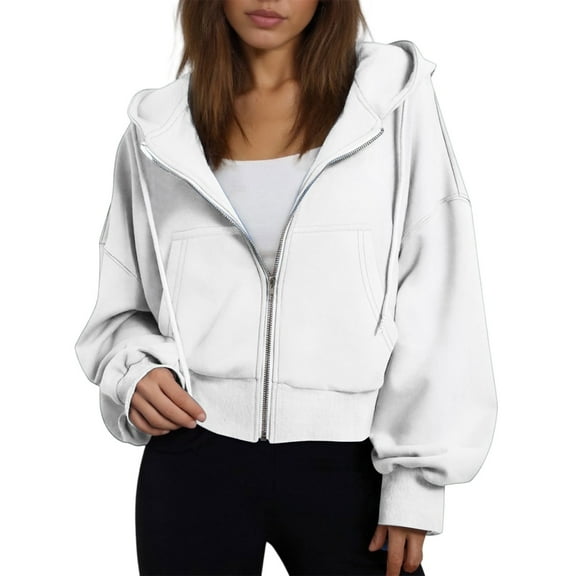 SAATLERI Zip Up Hoodie Women Trendy Oversized Full Zip Up Sweatshirt Casual Long Sleeve Cropped Jacket Fall Pullover Fashion Clothing