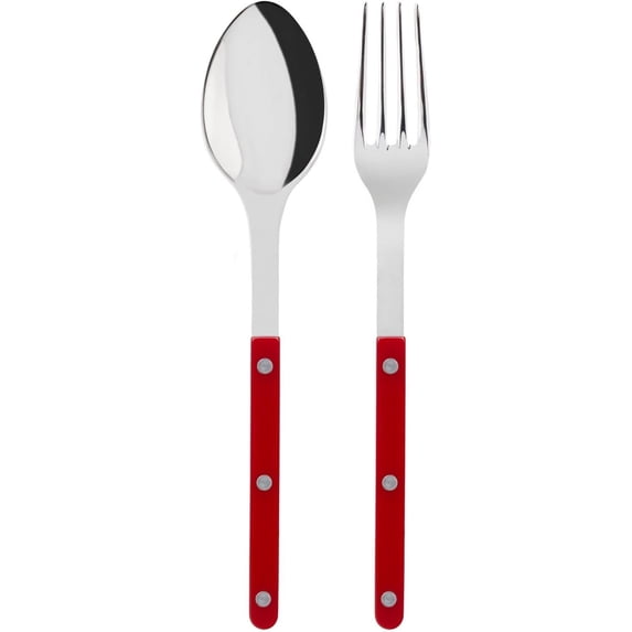 SABRE PARIS - 2-Piece Serving Set - Bistrot Collection - Large Fork & Large Spoon - Stainless Steel & Nylon - Dishwasher Safe - Burgundy - Brilliant Finish