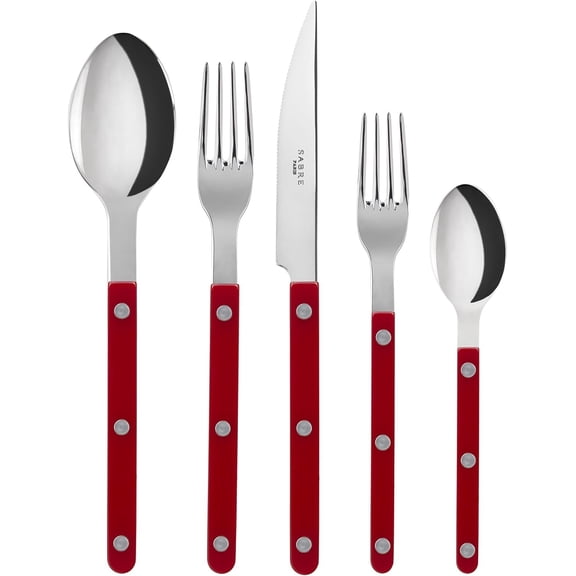 SABRE PARIS - 20-Piece Flatware Set For 4 - Bistrot Collection - Knives, Forks, Soup Spoons, Teaspoons & Dessert Forks - Stainless Steel & Nylon - Dishwasher Safe - Burgundy - Brilliant Finish