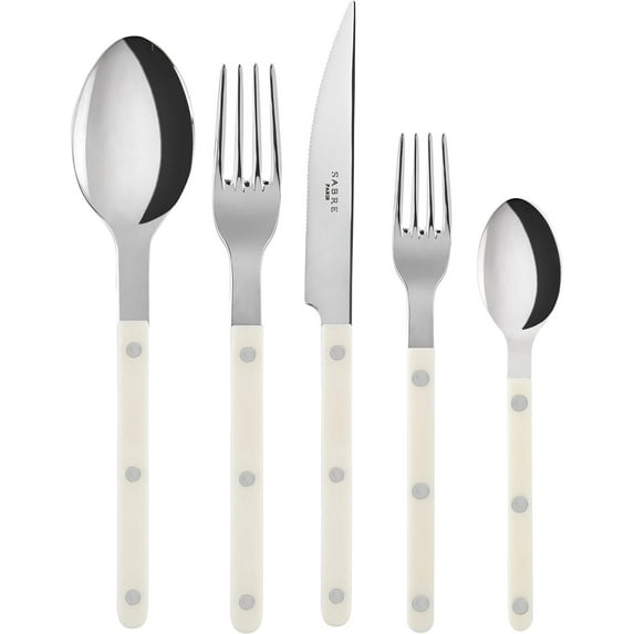 SABRE PARIS - 20-Piece Flatware Set For 4 - Bistrot Collection - Knives, Forks, Soup Spoons, Teaspoons & Dessert Forks - Stainless Steel & Nylon - Dishwasher Safe - Ivory - Brilliant Finish
