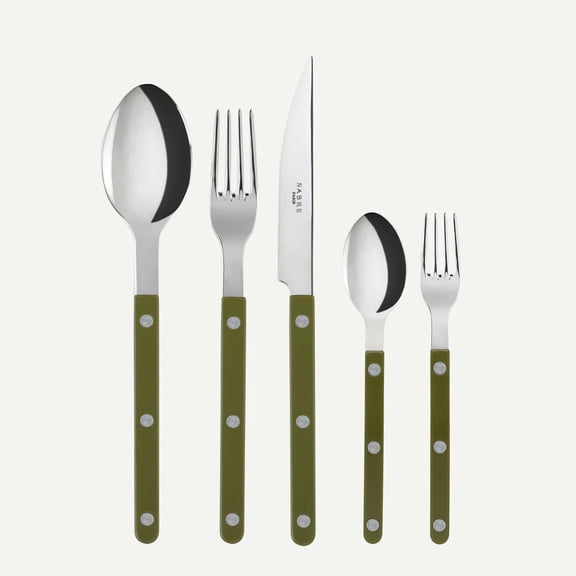 SABRE PARIS - 5-Piece Flatware Set Fern Green- Bistrot Collection - Knife, Fork, Soup Spoon, Teaspoon & Dessert Fork - Stainless Steel & Nylon - Dishwasher Safe - Brilliant Finish