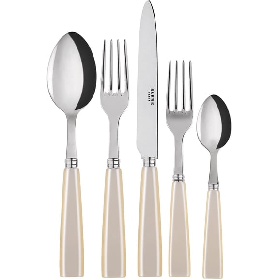 SABRE PARIS - 5-Piece Flatware Set - Icne Collection - Knives, Forks, Soup Spoons, Teaspoons & Dessert Forks - Stainless Steel & Acrylic - Dishwasher Safe - Ivory