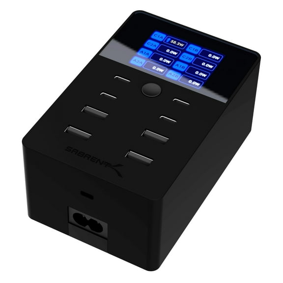 SABRENT 252W Charger 8-Port USB PD 3.0 with LCD Display, Fast Charging for USB-C & USB-A Devices, Laptops, Phones, Tablets, Gaming Consoles PPS, Overcharge Protection, Travel-Friendly (AX-8PTC)