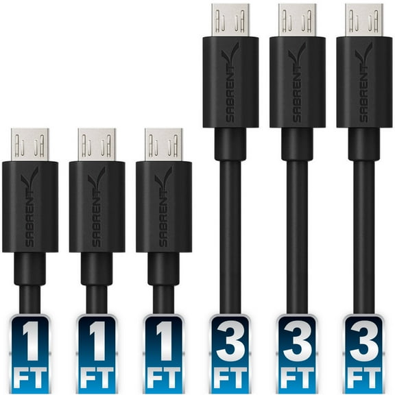 SABRENT [6-Pack] 22AWG Premium Micro USB Cables (X3-3ft + X3-1ft) High Speed USB 2.0 A Male to Micro B Sync and Charge Cables [Black] (CB-U631)