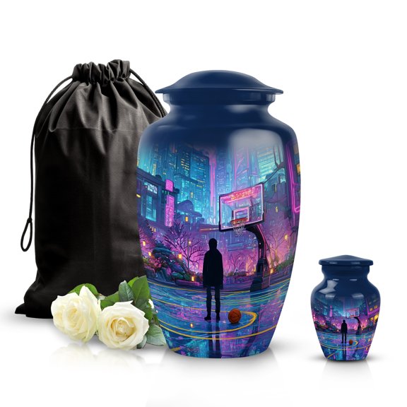 SABURIAL Basketball Urn for Men & Women Ash - Small Keepsake Urns for Dad Ashes - Lovely Burial Urns for Adult Male & Female Ash - Beautiful Cremation Urn - Combo 1-10 Inch Large & 3 Inch Small