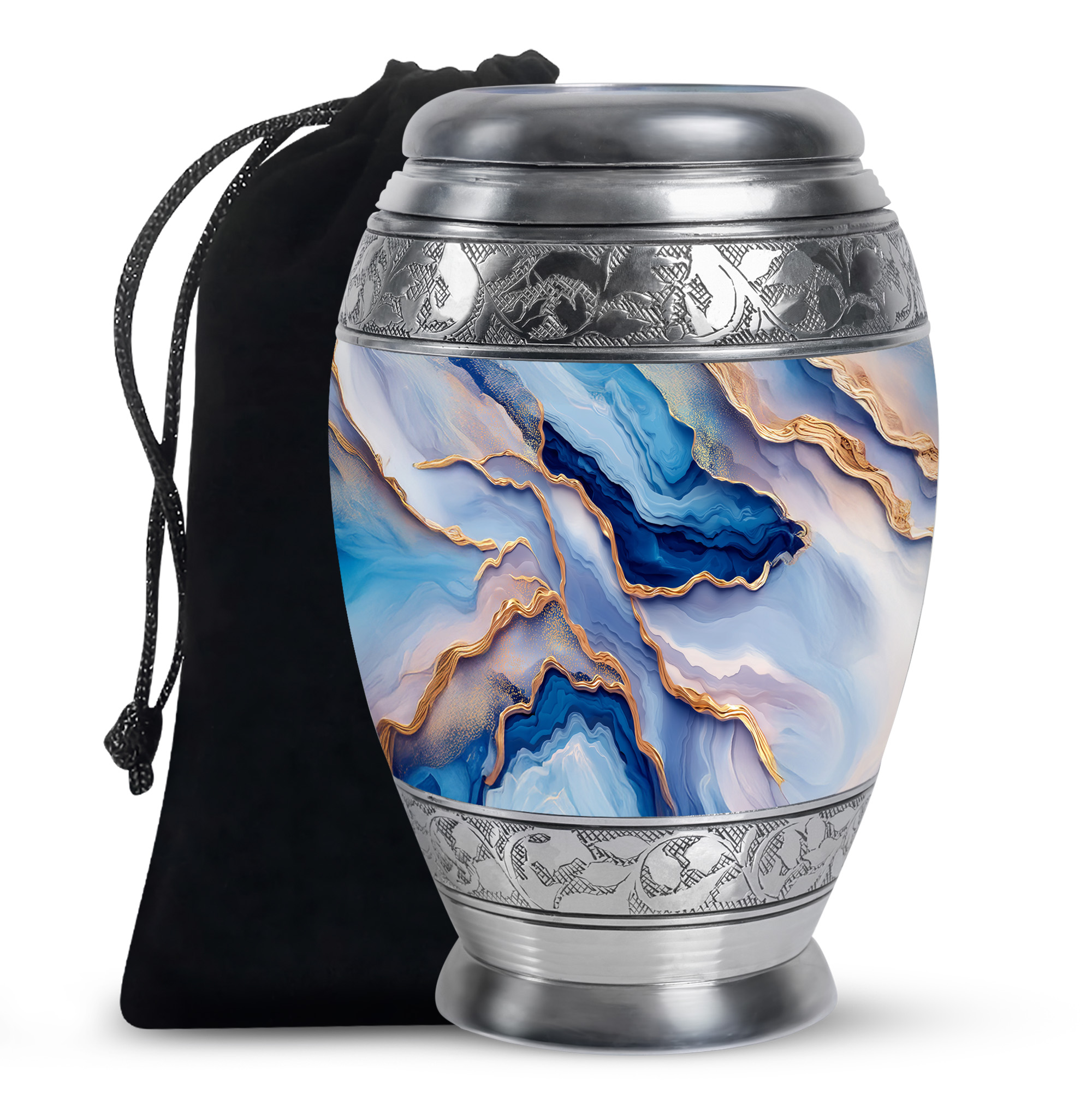 SABURIAL Blue Cremation Urns for Adult Ashes Male - Decorative Urns for Mom & Dad Ash - Cremation Urn for Human Remains - Handcraft Urn for Adult Female - Large Size 10 Inch with Velvet Bag