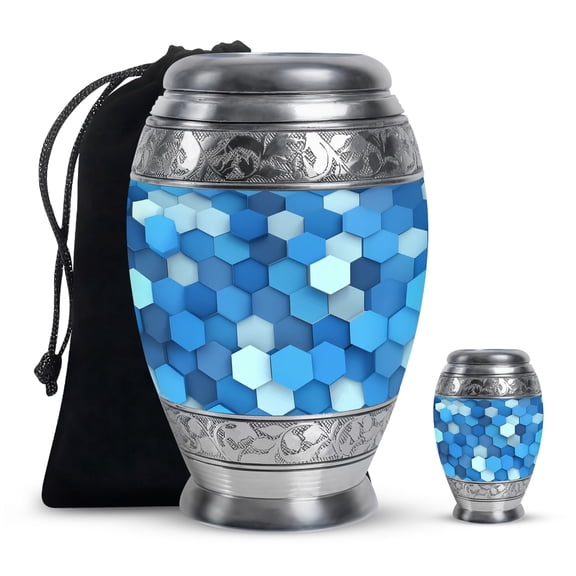SABURIAL Blue Tribute Urn for Human Ashes - Burial Urns for Mom & Dad Ash - Cremation Urn for Human Remains - Funeral Urns for Men Ashes - Beautiful Keepsake - Combo 2 - Large 10 Inch & 3 Inch Small