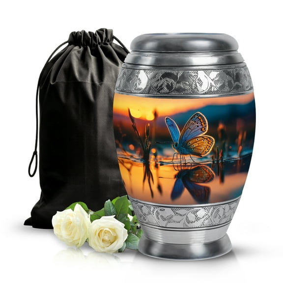 SABURIAL Butterfly Cremation Memorial - Ashes Urns Human Remains - 10 Inch - Large with Velvet Bag - Memorial Urns for Human - Funeral Urn for Male & Female - Large Decorative Urn