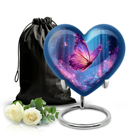 SABURIAL Butterfly Heart Shape Urn for Adult Ash - Handcrafted Decorative Urn for Human Ashes - Beautiful Burial Cremation Urns for Men & Women Ash - Urns for Ashes - 8 Inch - Large with Velvet Bag