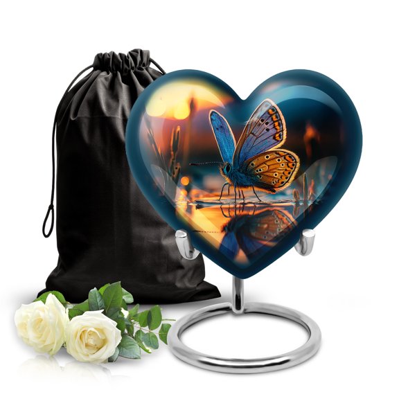 SABURIAL Butterfly Heart Shape Urns for Human Ashes - Handmade Memorial Urn for Adult Ash - Beautiful Decorative Burial Cremation Urns for Men & Women Ash - 8 Inch - Large with Velvet Bag
