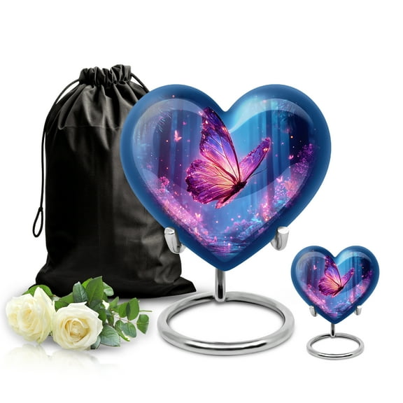 SABURIAL Butterfly Urns for Adult Ashes - Handmade Heart Shape Memorial Urns for Men & Women Ash - Burial Cremation Urn for Human Ashes - Unique Tribute Keepsake Urn - Combo - 8 Inch Large & 3 Inch