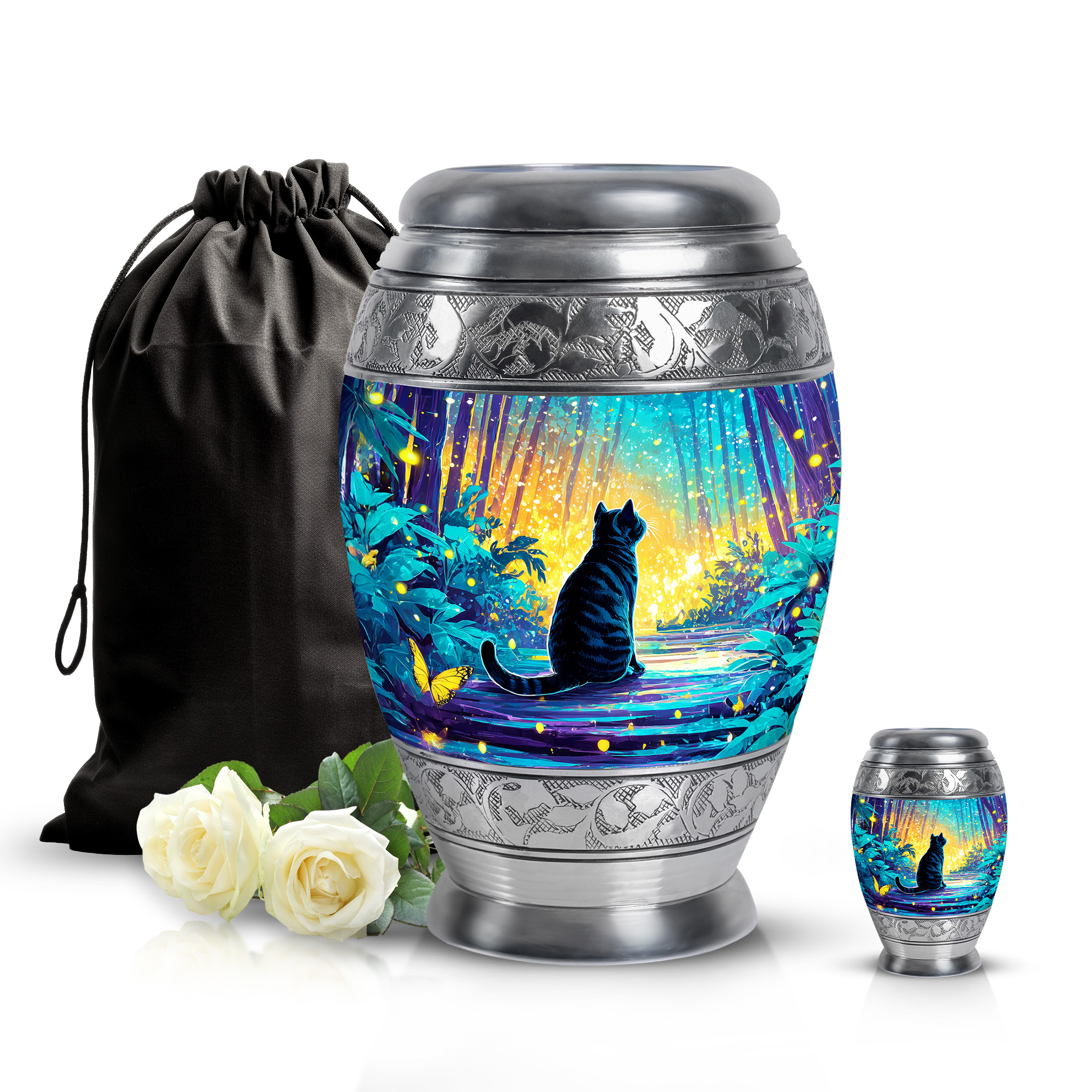 SABURIAL Cat Large Cremation Urns for Humans - Little Funeral Urns for Human Ashes Adult Male - Mini Urn for Ashes for Women - Combo of 10 Inch & 3 Inch - Keepsake Burial Urn for Ash
