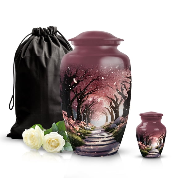 SABURIAL Cherry Blossom Adult Urns for Human Ashes - Large Urn for Mom & Dad Ash - Unique Urns for Ashes for Women - Lovely Cremation Mini Urn - Combo 1-10 Inch Large & 3 Inch Small