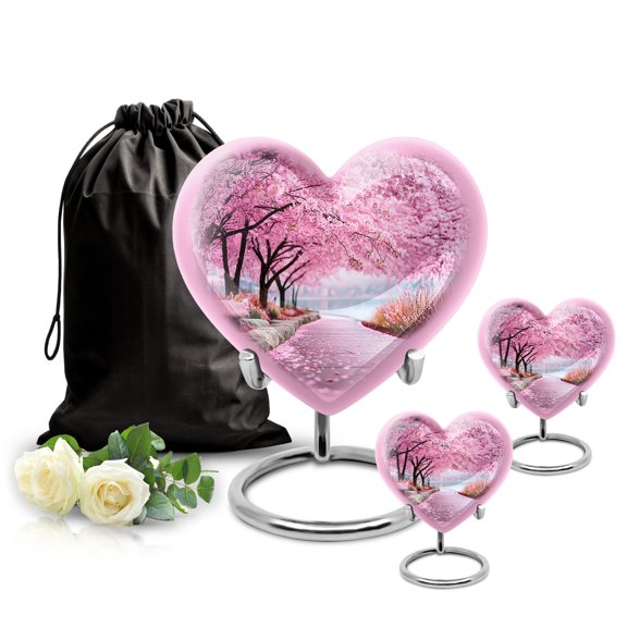SABURIAL Cherry Blossom Urn - Funeral Decorative Ashes - Combo - 8 Inch Large With 3 Inch - Mini Keepsake Urn - Ashes Urns Human Remains - Decorative Urns For Men & Women