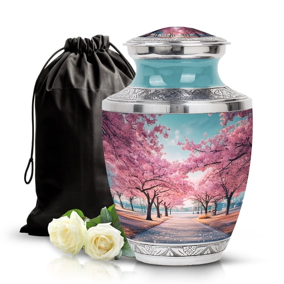 SABURIAL Cherry Blossom Urns for Men Ash - Cremation Urn for Adult Women Ashes - Large Memorial Urns for Human Remains - Handcrafted Burial Urn for Human Ashes - 10 Inch Large with Velvet Bag