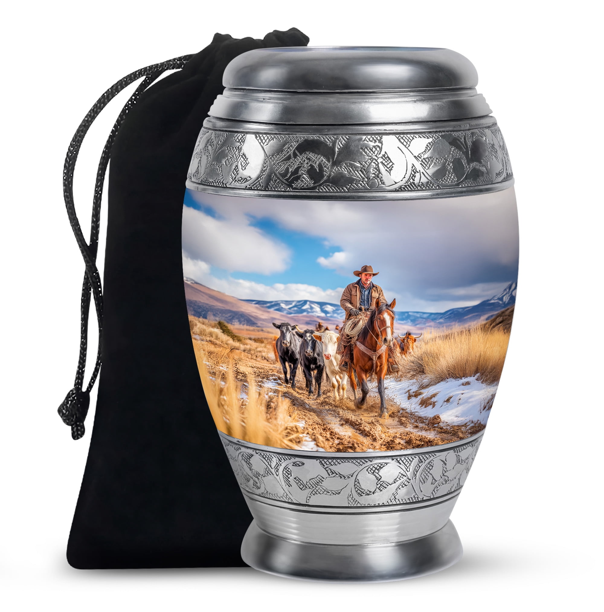 SABURIAL Cowboys Memorial Cremation Urns - Burial Urn for Ashes Adult Male - Large Funeral Urn for Ashes Adult Female - Decorative Urns for Women & Men - 10 Inch