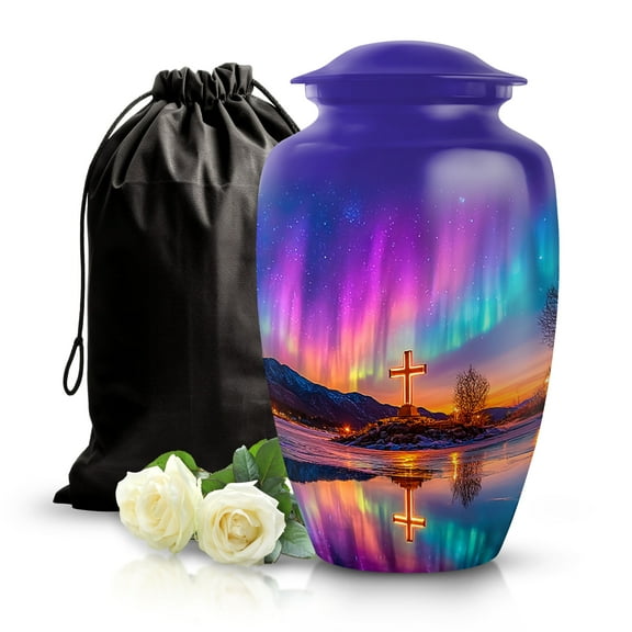 SABURIAL Cross Urn - Decorative Burial Cremation Urn For Female Ash - Lovely Funeral Urns For Mom & Dad Ash - Memorial Urns For Ashes - 10 Inch - Large With Velvet Bag