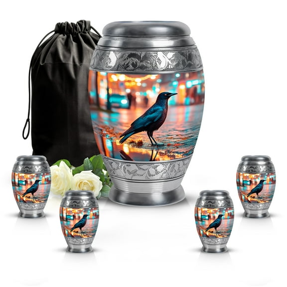 SABURIAL Crow Urn - Adult Funeral Urn - Combo - 10 Inch Large With 3 Inch - Unique Urns - Burial Cremation For Human - Ashes Urns Human Remains