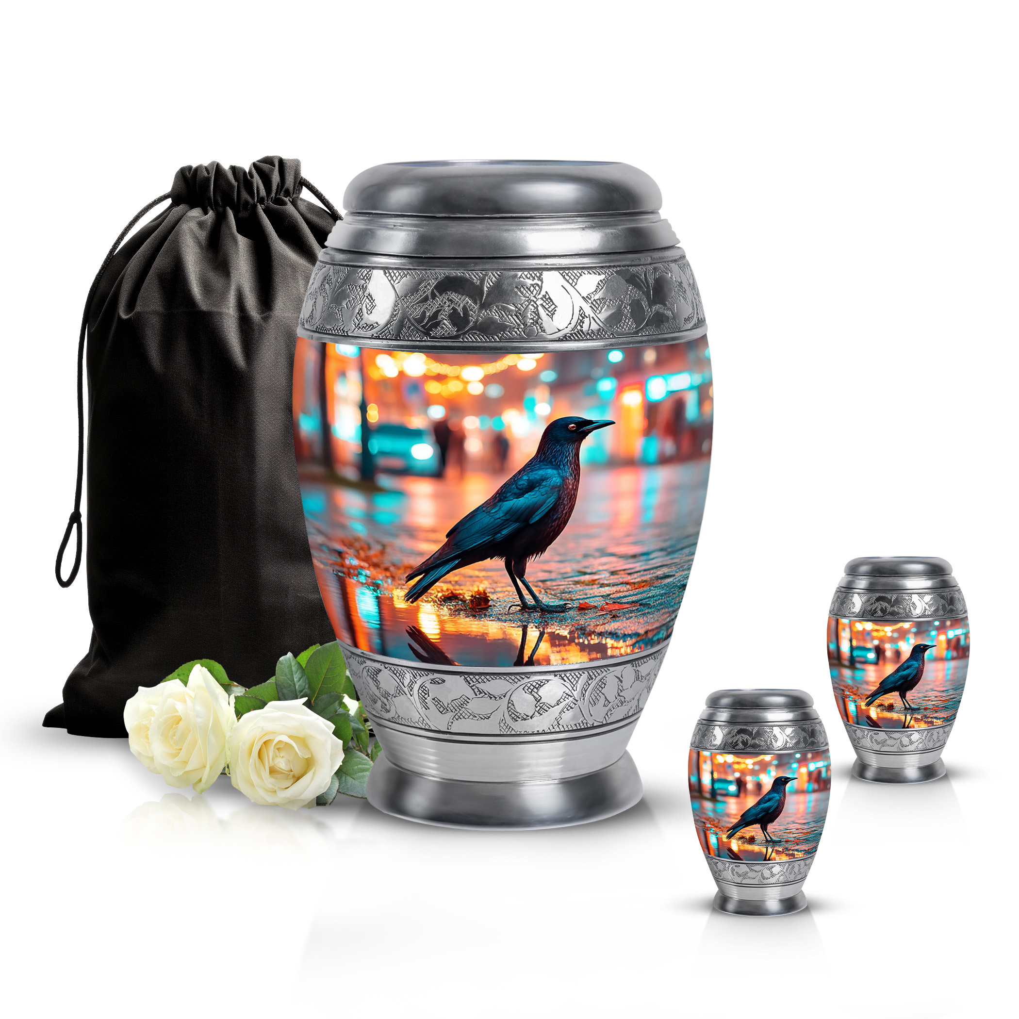 SABURIAL Crow Urn - Ashes Urn Human Remains - Combo - 10 Inch Large With 3 Inch - Funeral Decorative Ashes - Unique Urns - Adult Funeral Urns
