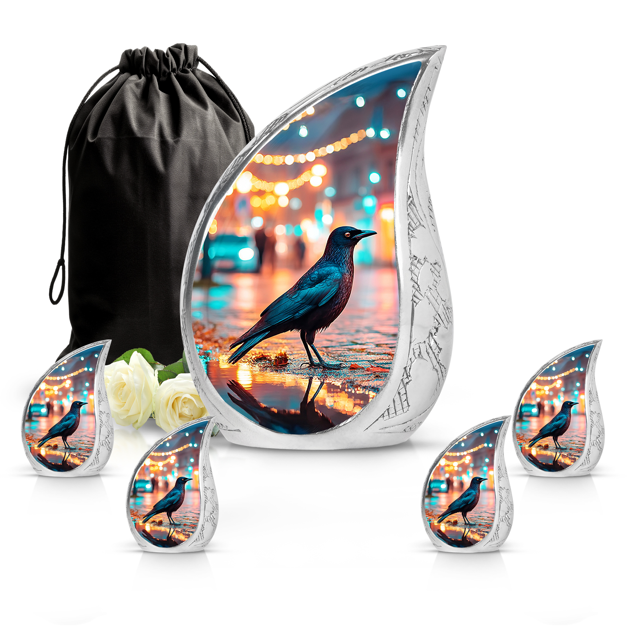 SABURIAL Crow Urn - Mini Funeral Urns for Adult Male Ash - Beautiful Cremation Urns for Dad Ashes - Lovely Funeral Urn for Men Ash - Combo - 10 Inch Large & 3 Inch