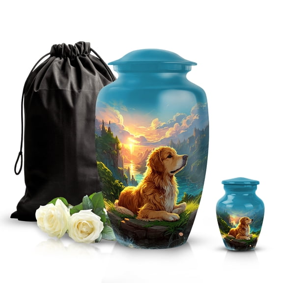 SABURIAL Dog Large Urns for Adults Ash - Beautiful Miniature Urn for Human Ashes - Handmade Cremation Urn for Burial - Lovely Urns for Adults Ash - Combo-1-10 Inch Large with Velvet Bag & 3" Small
