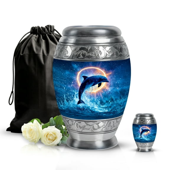 SABURIAL Dolphin Urn - Unique Urn - Combo - 10 Inch Large With 3 Inch - Decorative For Male & Female - Large Funeral Urns - Cremation Burial Urns