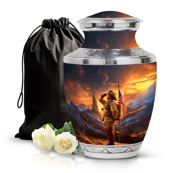 SABURIAL Fire Fighter Urn - Handcrafted Funeral Urns for Men & Women - Beautiful Memorial Urn for Burial - Tribute for Dad & Mom - 10 Inch - Large with Velvet Bag