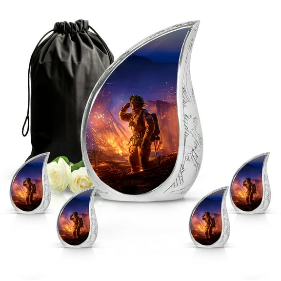 SABURIAL Fire Fighter Urn - Large Funeral Urn for Male Ash - Decorative Handcrafted Cremation Urns for Ashes - Mini Keepsake Urn for Female Ash - Combo - 10 Inch Large & 3 Inch