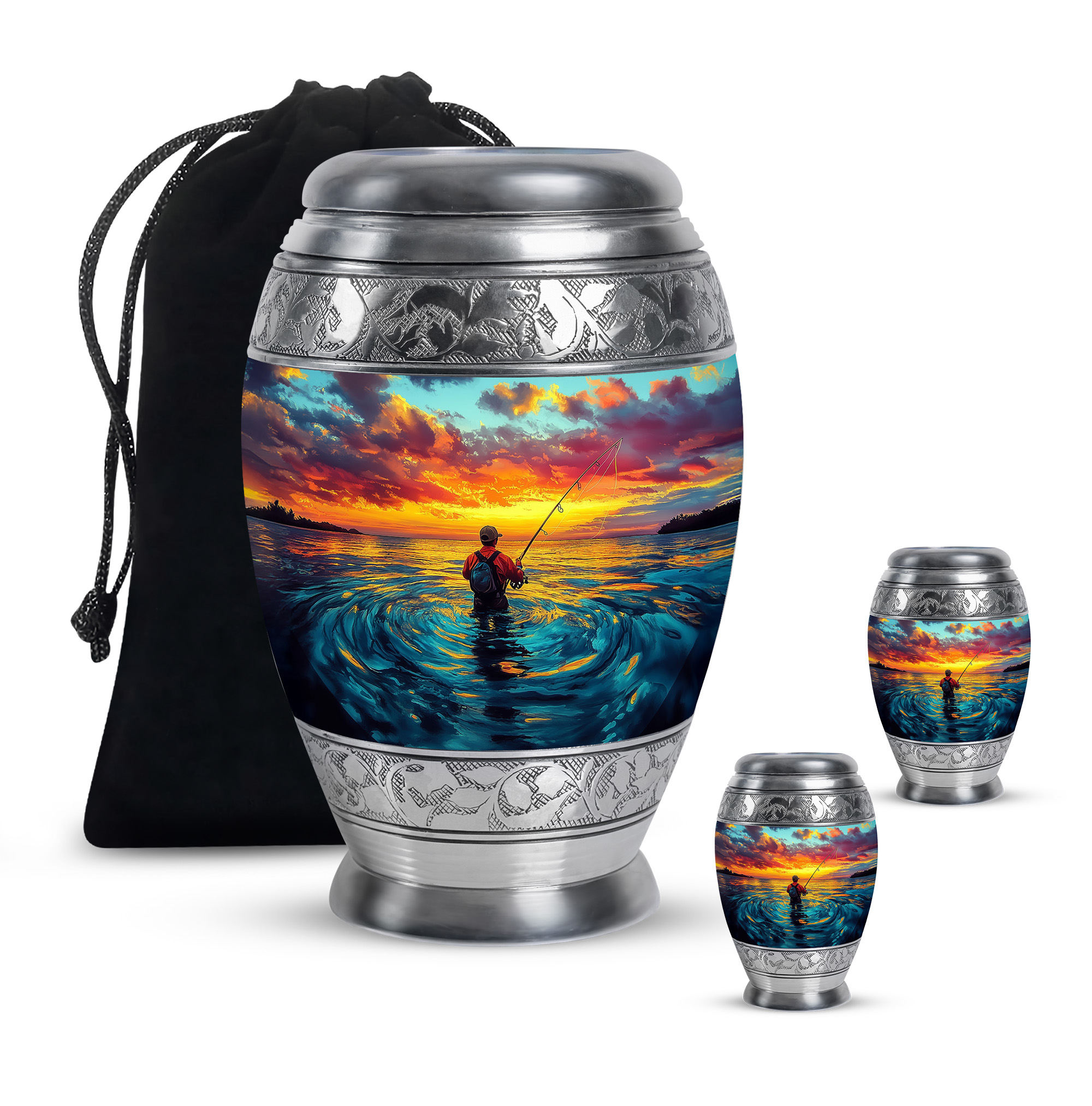 SABURIAL Fishing Urn - Decorative Cremation Urns - Keepsake Urns For Human Ashes Adult Male - Large Burial Urn For Ashes For Women & Men - Combo Of 10 Inch & 3 Inch