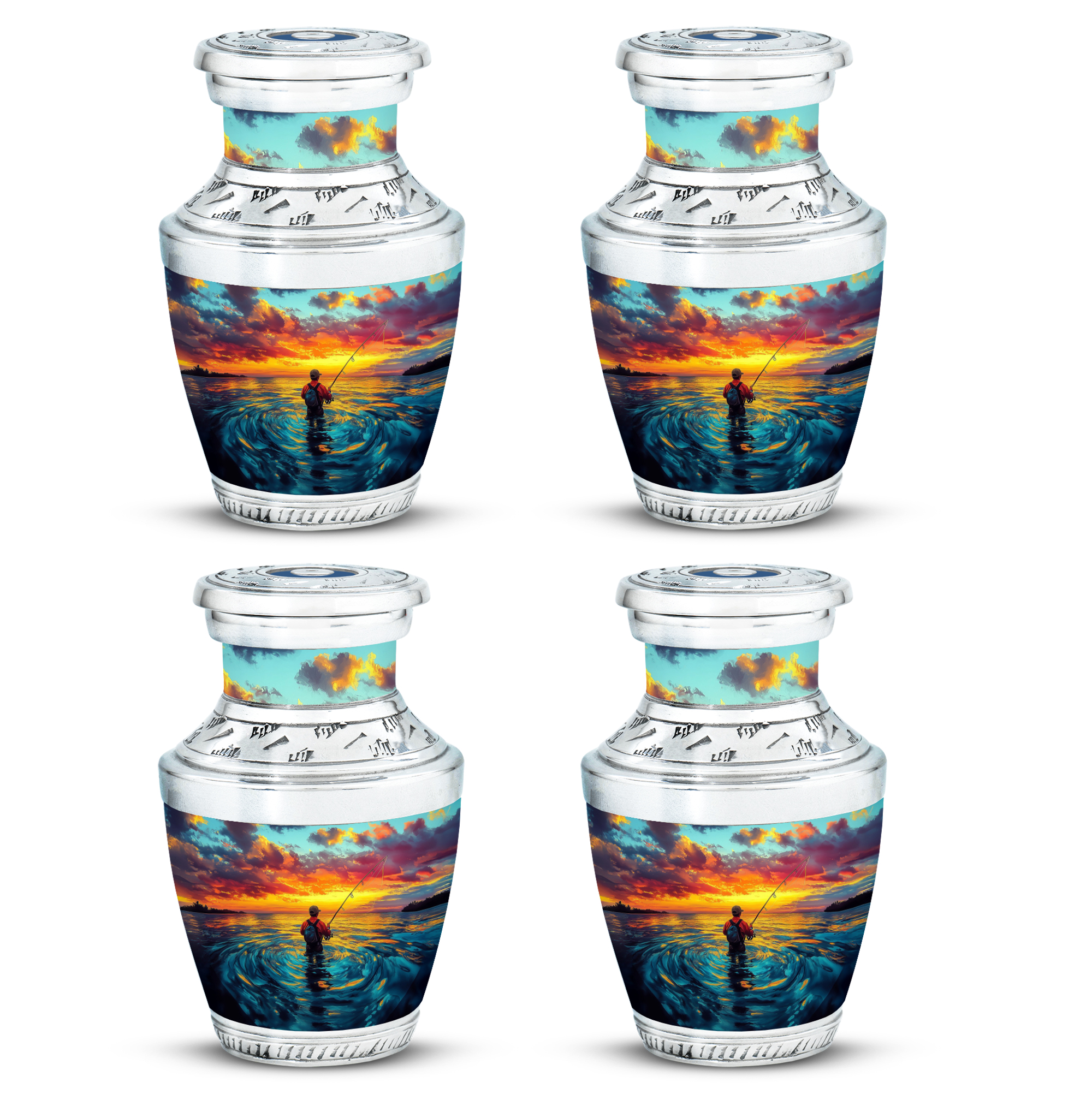 SABURIAL Fishing Urn - Decorative Urns For Mom & Dad - 3 Inch - Pack Of 4 - Unique For Adult Human - Mini Cremation Urns For Ashes - Burial Urn For Male & Female
