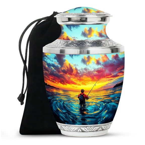 SABURIAL Fishing Urn - Large Decorative Urn - 10 Inch - Large With Velvet Bag - Funeral Urns For Adult Ashes Men & Women - Adult Human Urns - Cremation Memorial