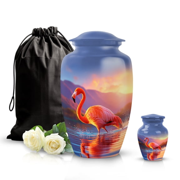 SABURIAL Flamingo Urn - Large Funeral Urn For Adult Male & Female Ash - Handcrafted Tribute Urns For Burial - Miniature Urns For Human Ashes - Combo 1 - 10 Inch Large & 3 Inch Small Size