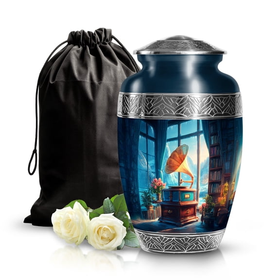 SABURIAL Gramophone Urn - Unique Decorative Memorial Burial Urn for Mom & Dad Ashes - Elegant Tribute Funeral Urns for Women & Men Ash - 10 Inch - Large with Velvet Bag