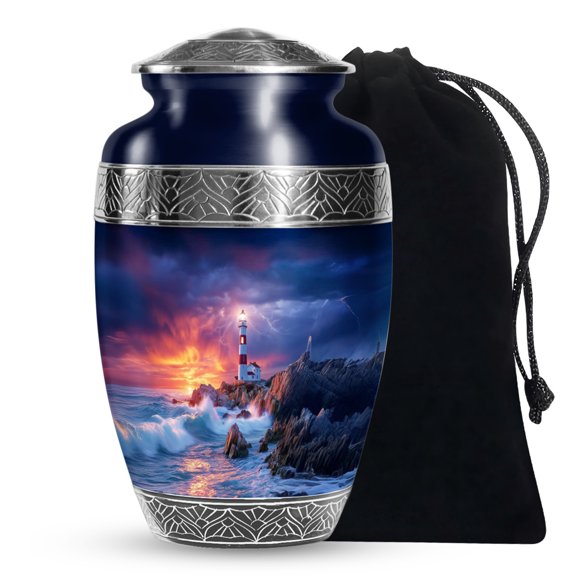 SABURIAL Lighthouse Urn - Decorative Urns For Male & Female Ashes - Large Funeral Urn For Adult Dad Ash - Lovely Cremation Urns For Burial Ash - 10 Inch Large With Velvet Bag