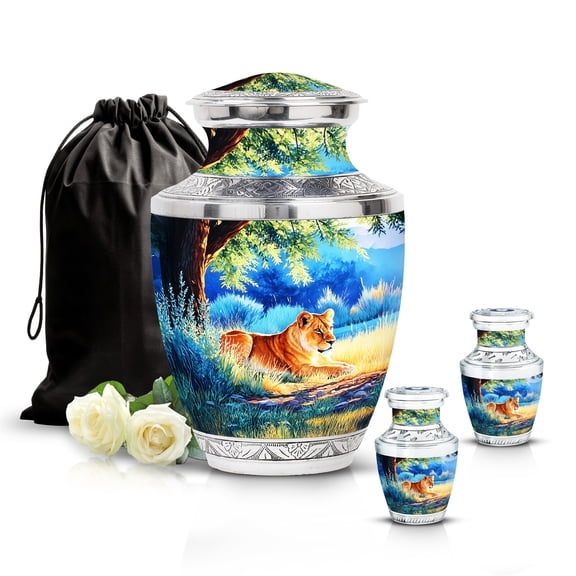 SABURIAL Lion Urn - Burial Urn For Mom & Dad Ashes - Mini Memorial Urns For Men - Decorative Urns For Loved One Ash - Combo 3 - Large 10 Inch & Small 3 Inch