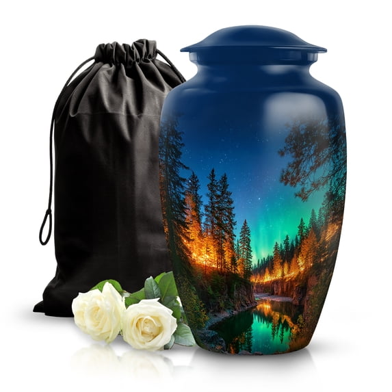 SABURIAL Northern Lights Urn - Perfect Burial Urn For Human Ash - Handmade Large Urns For Men Ashes - Beautiful Funeral Urns For Burial - 10 Inch Large With Velvet Bag