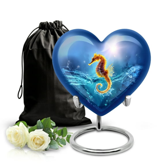 SABURIAL Sea Horse Urn - Cremation Memorial - 8 Inch - Large With Velvet Bag - Ash Urns For Male & Female - Funeral Urn For Ashes - Burial Urns For Human