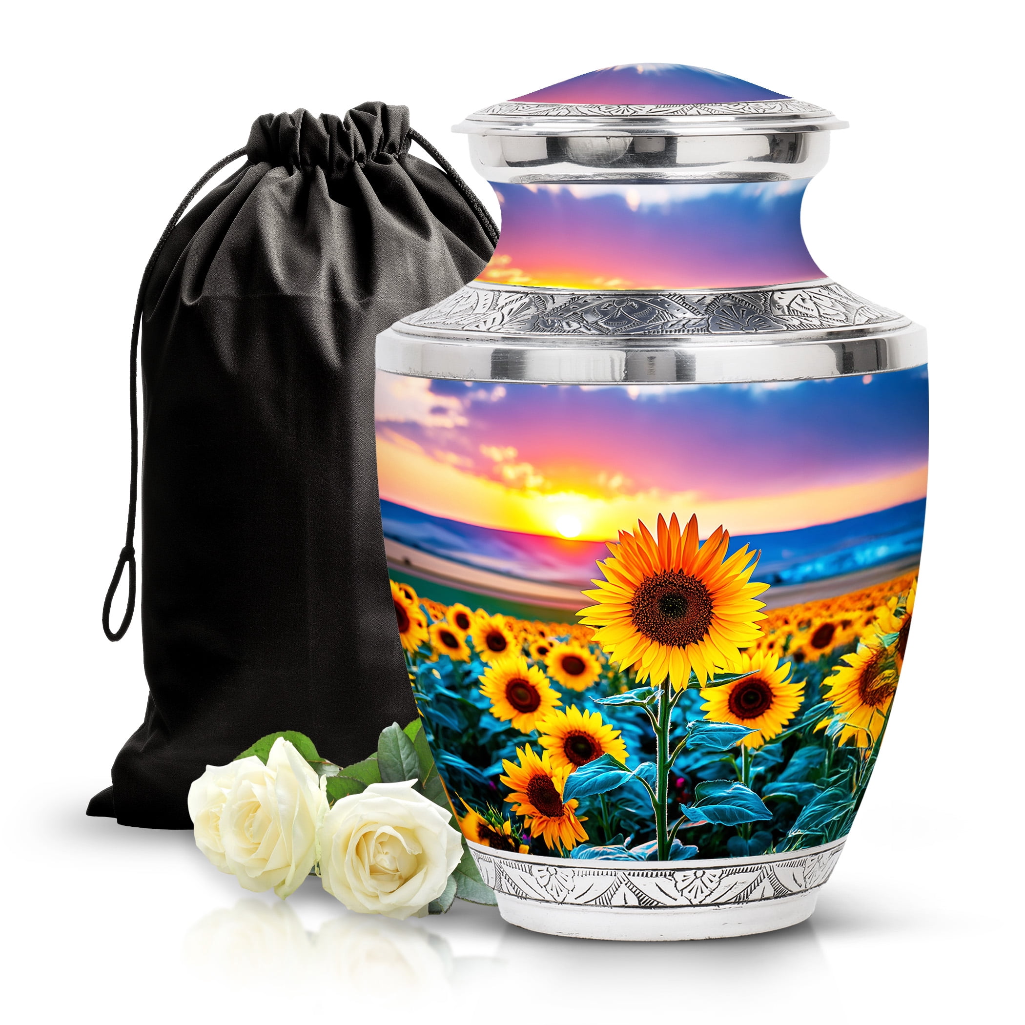 SABURIAL Sunflower Urn - Funeral Urn Adult Ash Man & Women - 10 Inch - Large With Velvet Bag - Burial Urns For Adult Human Ashes - Human Remains Urns - Memorial Burials For Ash