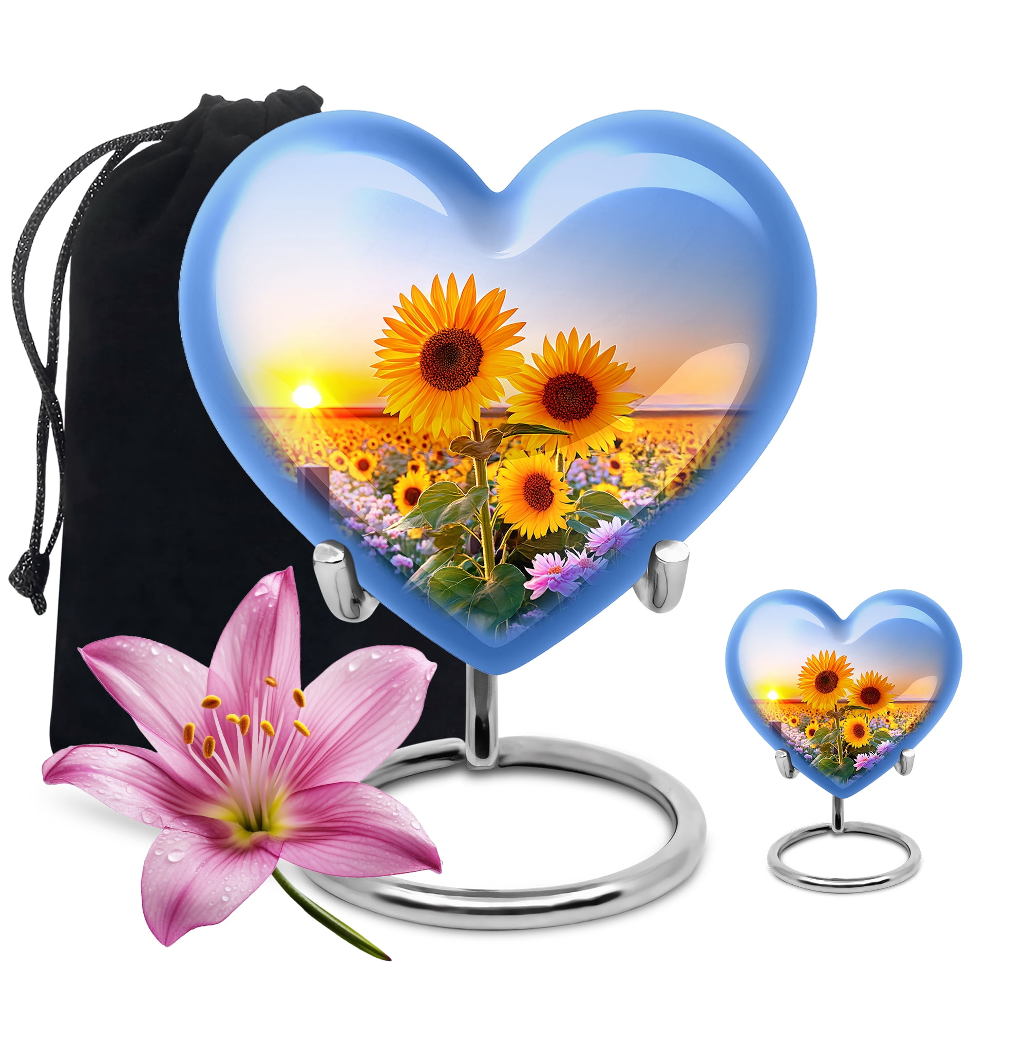 SABURIAL Sunflower Urn - Large Funeral Urn For Human Ashes Adult Female - Combo Of 8 Inch & 3 Inch - Small Keepsake Urns For Human Ashes Adult Man