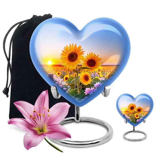 SABURIAL Sunflower Urn - Large Funeral Urn For Human Ashes Adult Female - Combo Of 8 Inch & 3 Inch - Small Keepsake Urns For Human Ashes Adult Man