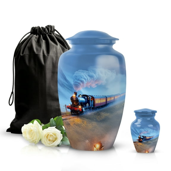 SABURIAL Train Urn - Beautiful Large Urn for Men & Women Ashes - Adult Cremation Urns for Human Ash - Decorative Memorial Urns for Dad Ash - Combo - 10 Inch Large Wth Velvet Bag