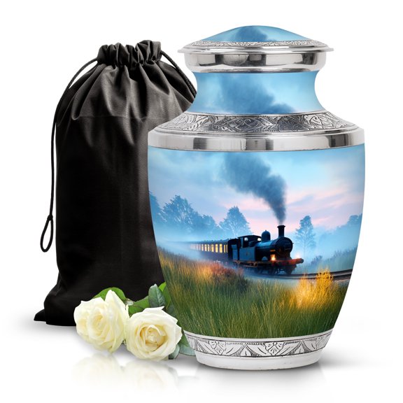 SABURIAL Train Urn - Beautiful Large Urns for Adult Human Ash - Lovely Cremation Urns for Male Ash - Decorative Handmade Urn for Burial - 10 Inch - Large with Velvet Bag