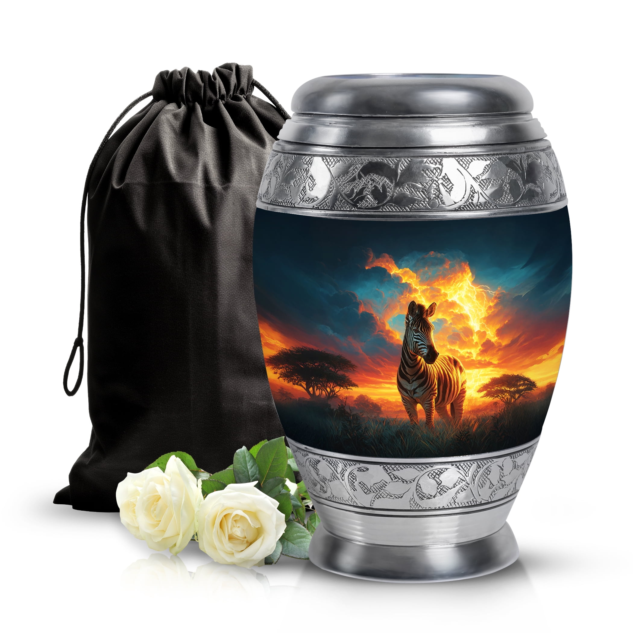 SABURIAL Zebra Ashes Urns - Large Decorative Urns - 10 Inch - Large With Velvet Bag - Cremation For Ashes - Urn For Brother & Sister - Memorial Urn For Adult