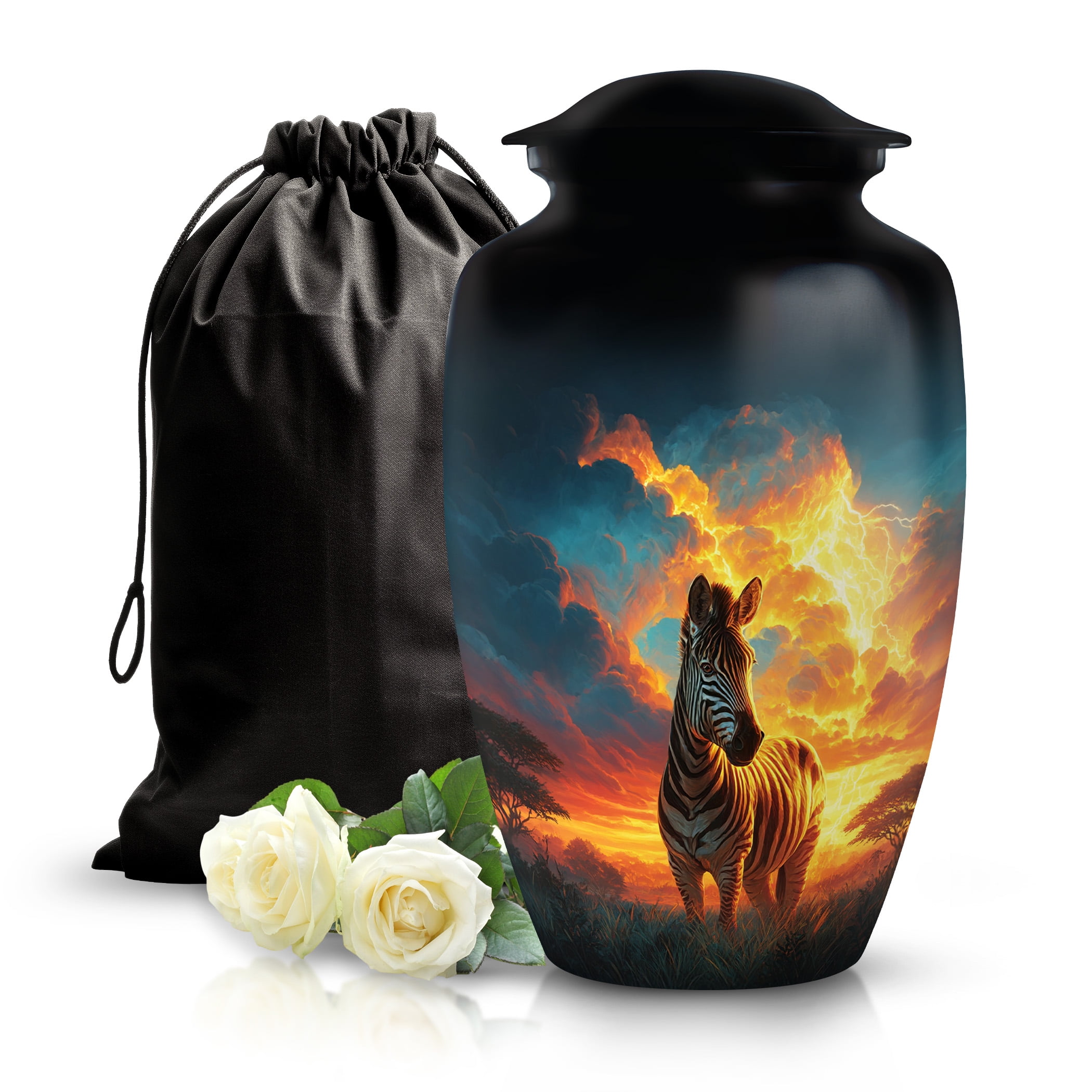 SABURIAL Zebra Urn - Handcrafted Memorial Urns For Adult Human Ashes - Large Funeral Urn For Adult Male Ash - Decorative Urns For Human Ash - 10 Inch - Large With Velvet Bag