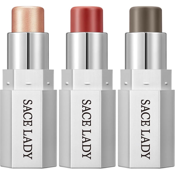 SACE LADY 3 Colors Face Contour Stick Set, Silky Smooth Cream Highlighter & Blush & Bronzer Stick Makeup Kit, Lasting Buildable Natural Contouring Shaping Cosmetics, 0.32Oz