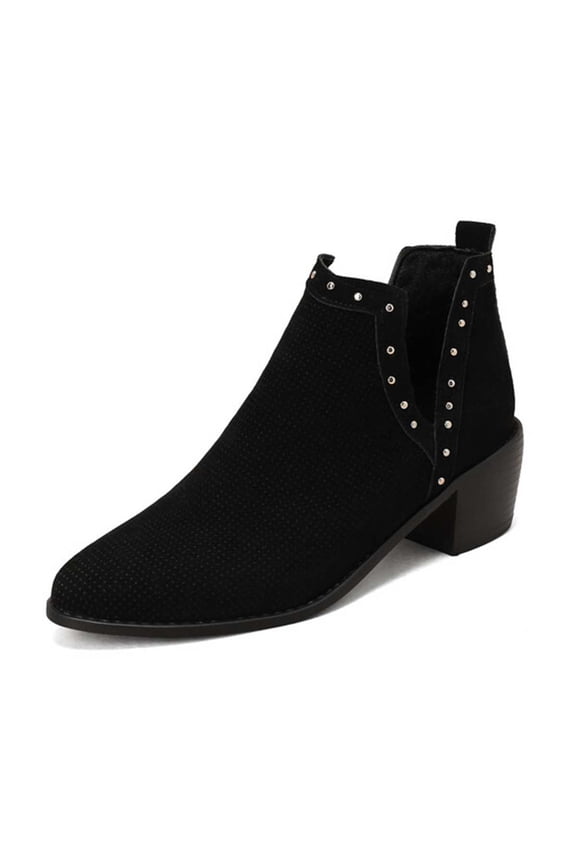 Ankle Boots for women Casual Cut Out Slip On Low Heel Short Chunky Stacked Heel Perforated Side V Cut Western Booties Cutout Shoes